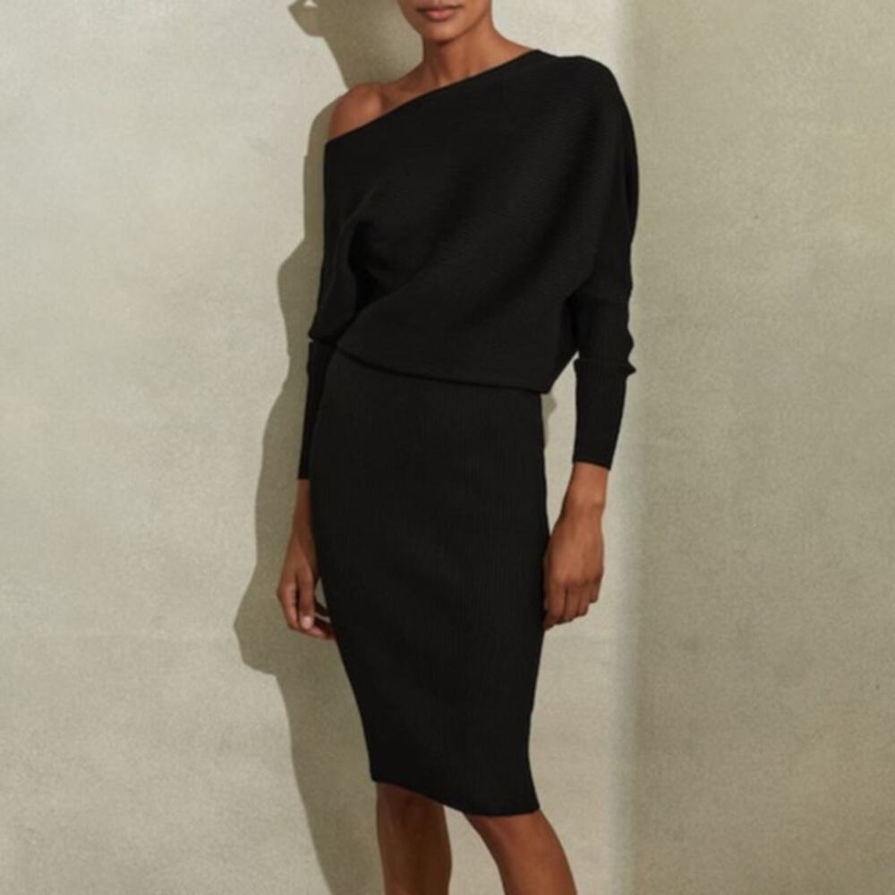 Reiss Black Lara Off The Shoulder Dolman Sleeve Rib Knit Midi Sweater Dress Sz M